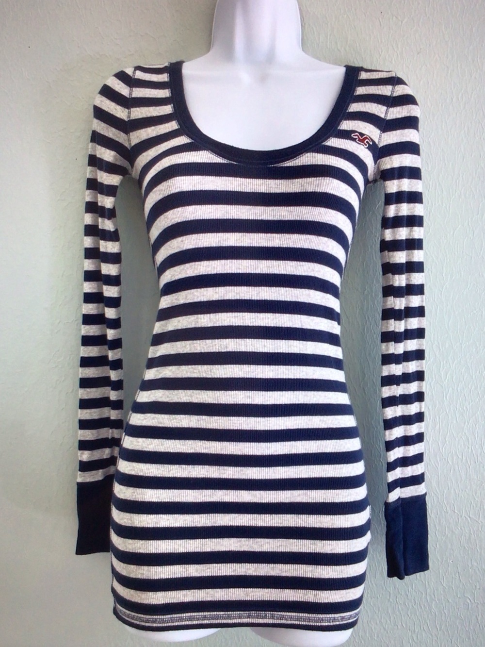 Hollister Navy & Cream Striped Scoop Neck Long Sleeve Tee